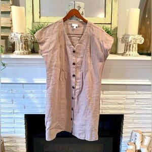J. Jill Oatmeal V-Neck 100% Linen Cap Sleeve Button Down Pintuck Dress Small